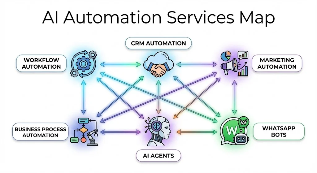 Example map of AI automation services: workflow, CRM, marketing, business process, AI agents, and WhatsApp bots