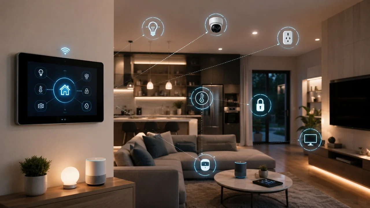 Example of a connected living room with smart lighting, locks, and climate control
