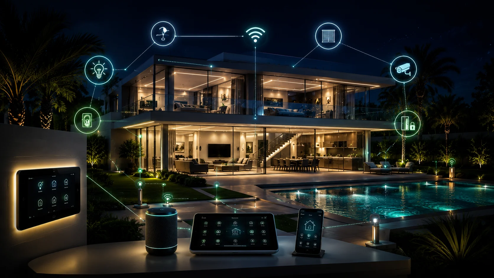 Example of a luxury smart home automation setup with lighting, security, and climate control